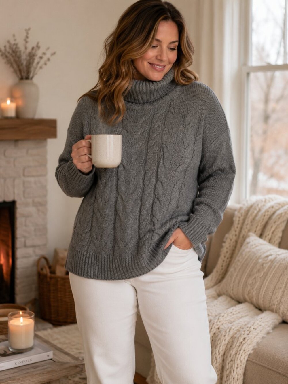 ravel Women's Gray Cable Knit Turtleneck Sweater